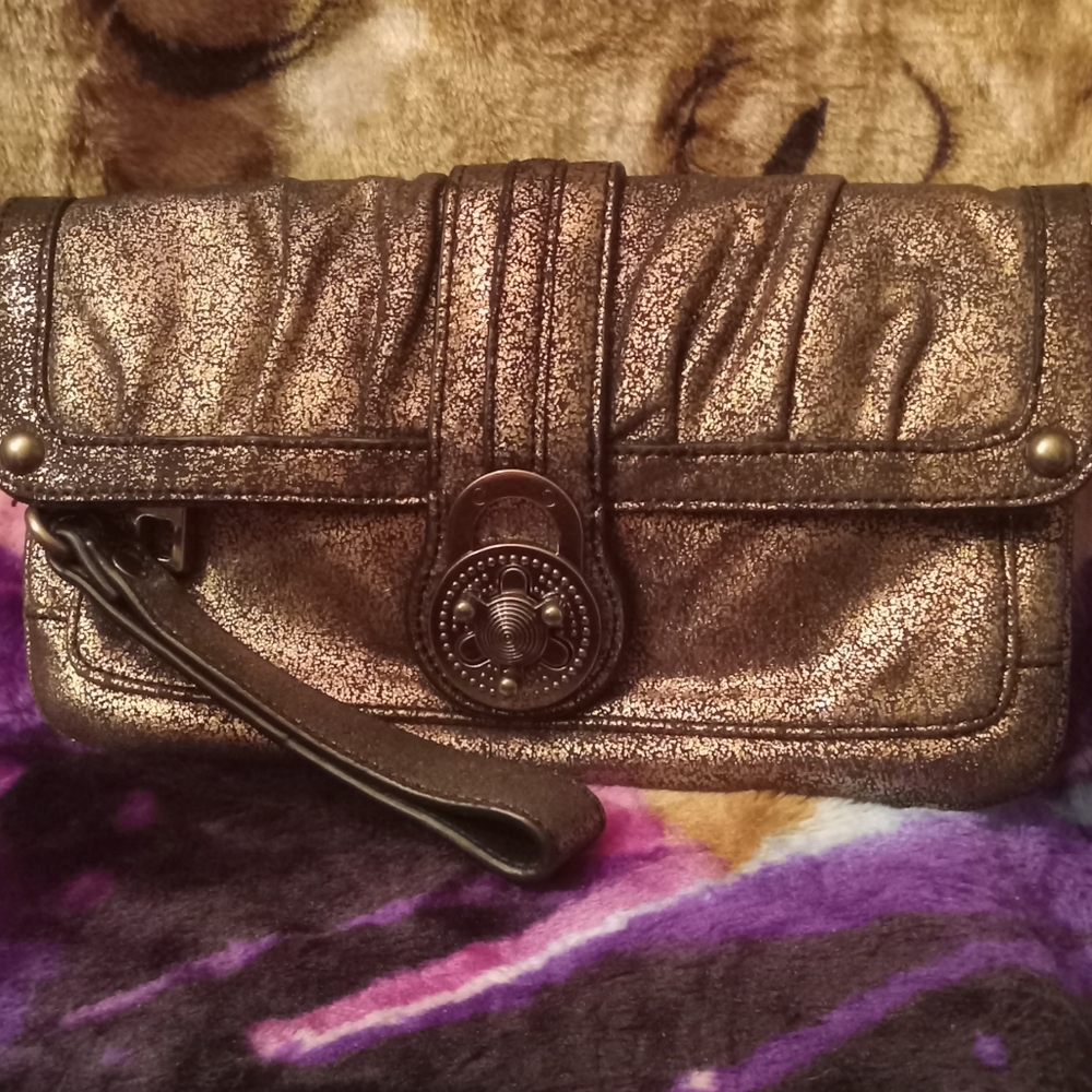Steve Madden Metallic Gold Clutch Wristlet W/Snakeskin Lining